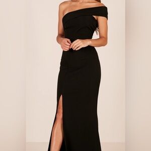 Showpo Black Dress Formal Maxi formal slit wedding attire black tie event